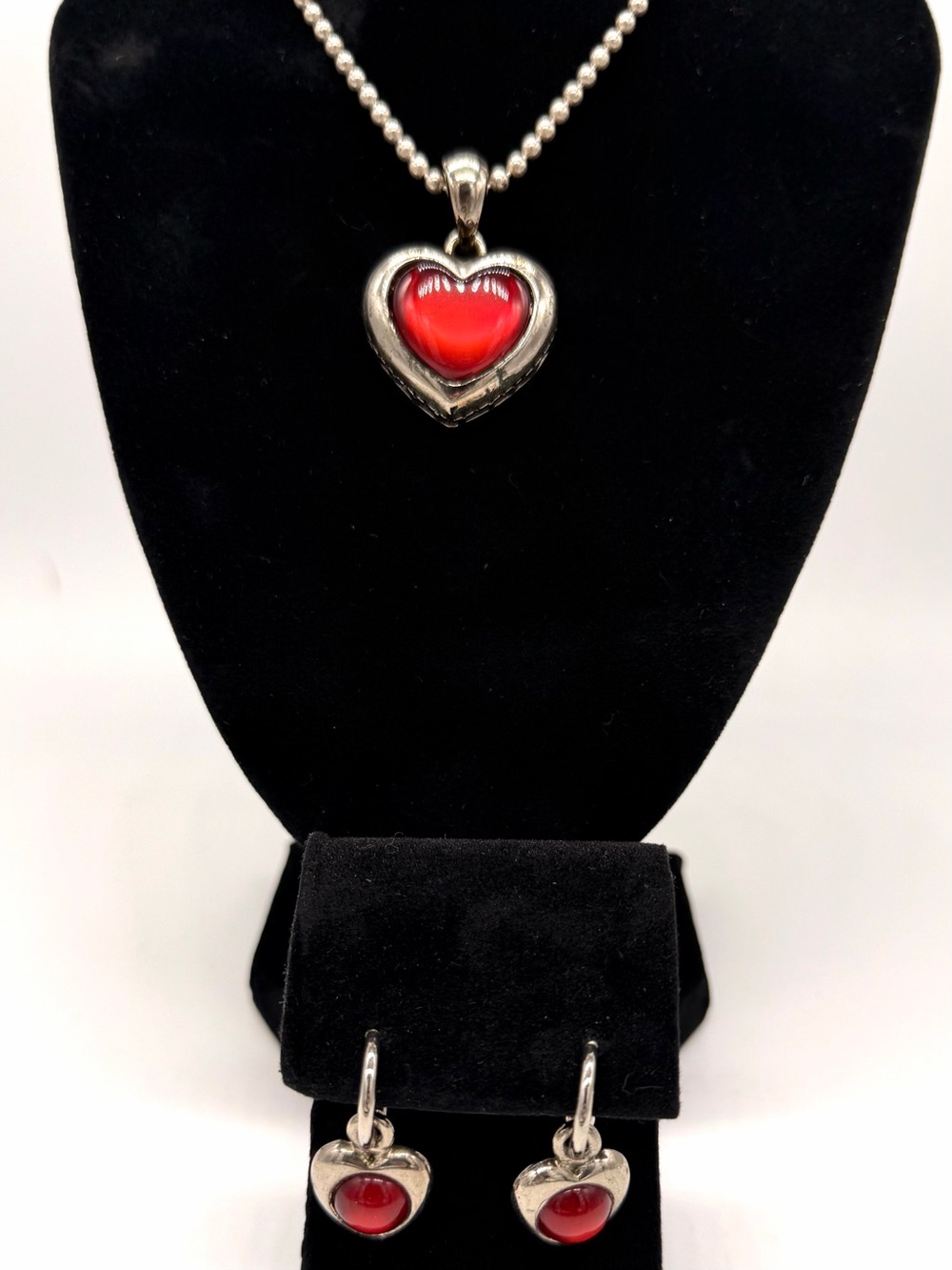 Vintage Red Cabochon Heart Pendant Necklace & Earring Set - 925 Silver Chain